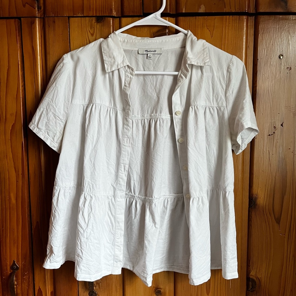 Madewell White Short-Sleeve Button-Down Peplum Shirt